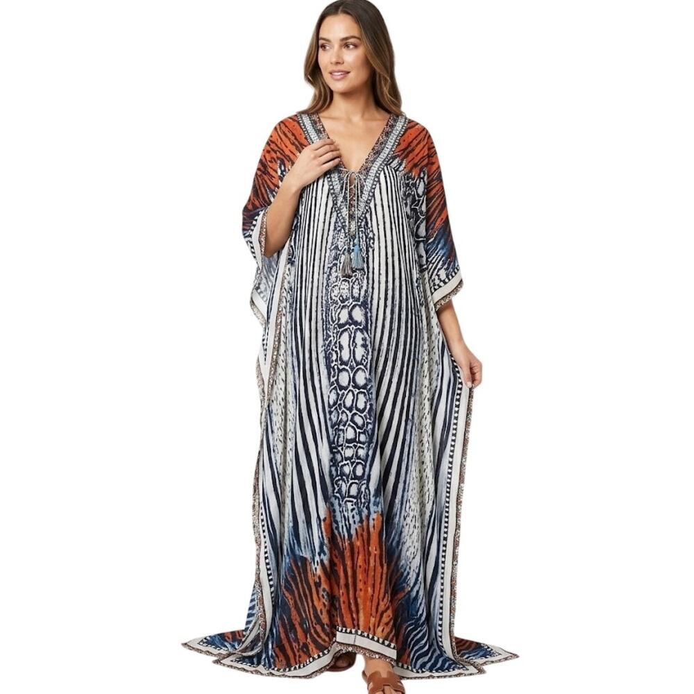 Sakkas Mixed Animal Print Maxi Kaftan Dress V-Neck Tassel Boho ONE SIZE